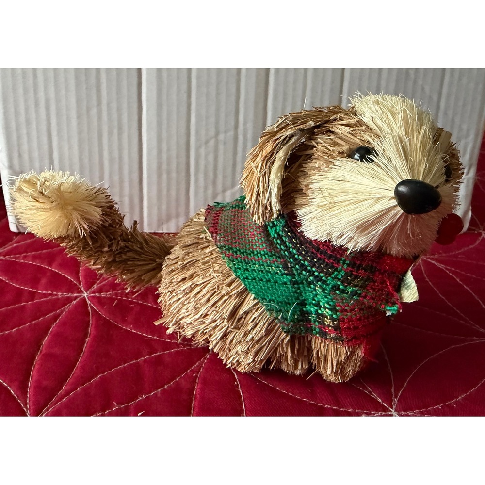 Rustic Straw Dog Figurine Tartan Plaid Scarf Festive Holiday Decor Small